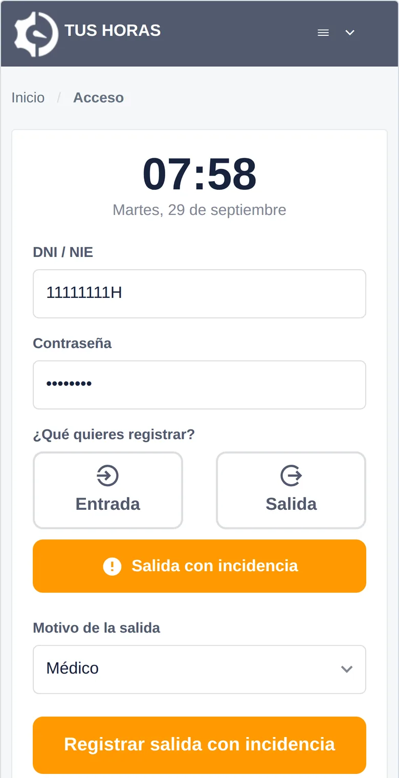 Pantalla de fichaje con «Salida con incidencia» seleccionada y el motivo «Médico»