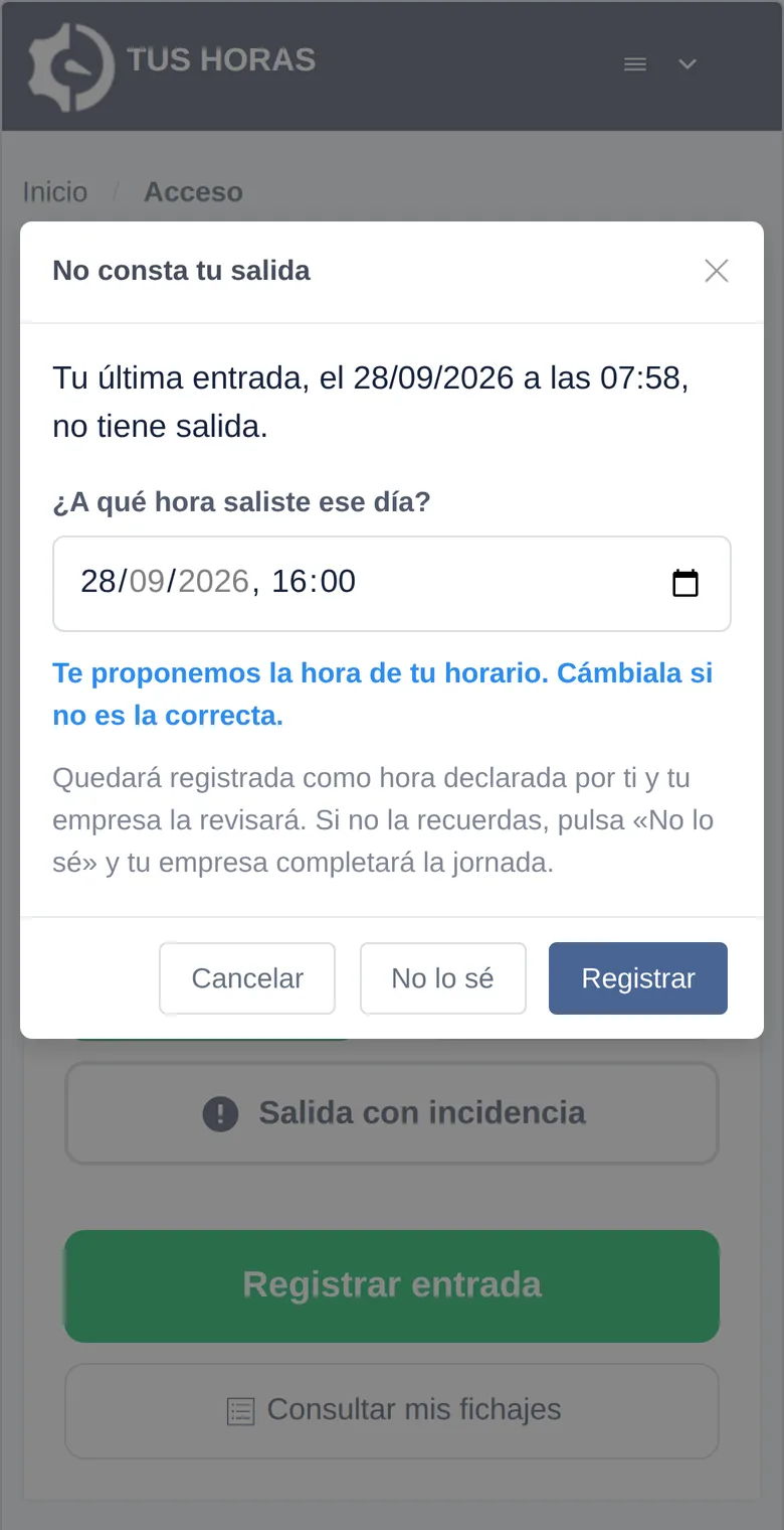 Aviso «No consta tu salida» que pregunta al trabajador a qué hora salió